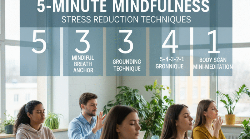 A diverse group of students and professionals practicing deep breathing and 5 minute mindfulness stress reduction techniques at their desks to improve focus.