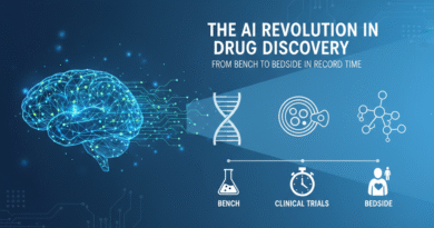 A blue-toned graphic illustrating AI's role in drug discovery, featuring a brain connecting to DNA, cell structures, molecules, and a timeline from bench to clinical trials and bedside.