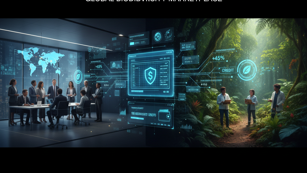 A split image showing business professionals in a modern meeting discussing biodiversity credit transactions and field researchers in a lush forest with digital overlays.