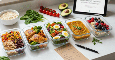 Overhead view of five weekly budget-friendly meal prep containers featuring affordable healthy recipes like roasted vegetables, rice, and beans, illustrating simple student meal planning.