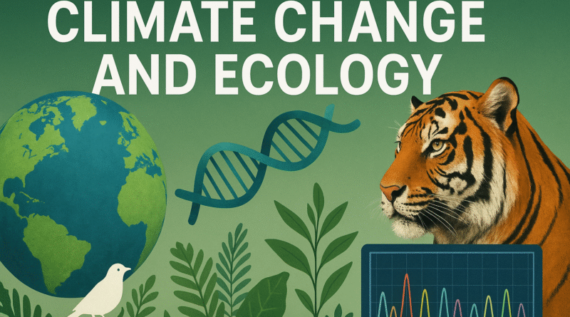 Realistic illustration showing Earth, DNA helix, tiger, plants, and bird symbolizing biodiversity genomics, climate change, and ecology conservation.