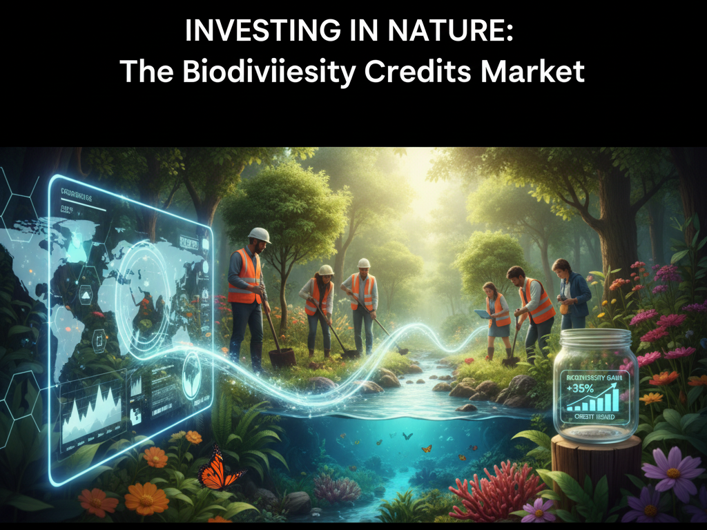 A diverse team of conservationists working in a lush river ecosystem, with digital overlays showing data and biodiversity gain metrics.