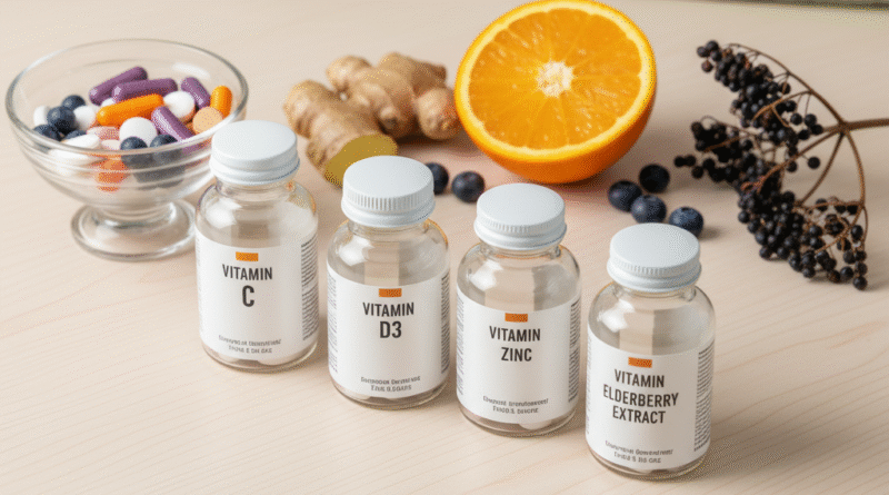 A clean visual guide of research-backed Immunity Boosting Supplements, including Vitamin $\text{D}_3$, Vitamin C, and Zinc capsules, to strengthen defenses this season.