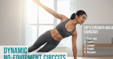 A diverse group of people performing various no-equipment home exercises, including squats, lunges, and planks, in a clean, modern setting.