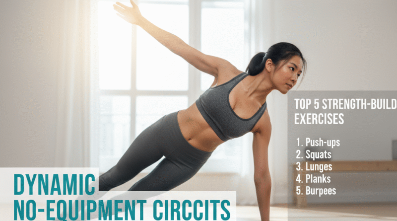 A diverse group of people performing various no-equipment home exercises, including squats, lunges, and planks, in a clean, modern setting.