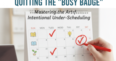 A professional, modern graphic representing intentional under-scheduling with a calendar showing fewer, focused commitments and the blog title.