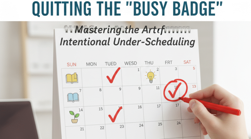 A professional, modern graphic representing intentional under-scheduling with a calendar showing fewer, focused commitments and the blog title.