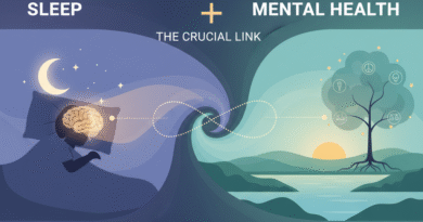 A serene, wide-shot illustration showing a calm sleeping figure with a glowing, peaceful brain, symbolizing the vital link between sleep and mental well-being.