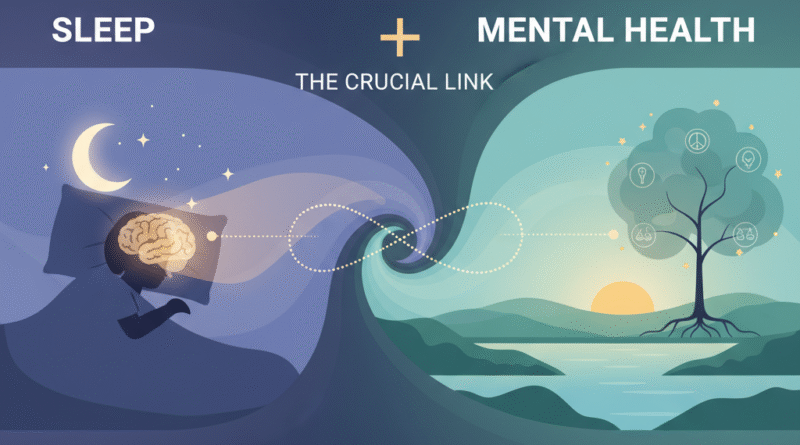 A serene, wide-shot illustration showing a calm sleeping figure with a glowing, peaceful brain, symbolizing the vital link between sleep and mental well-being.