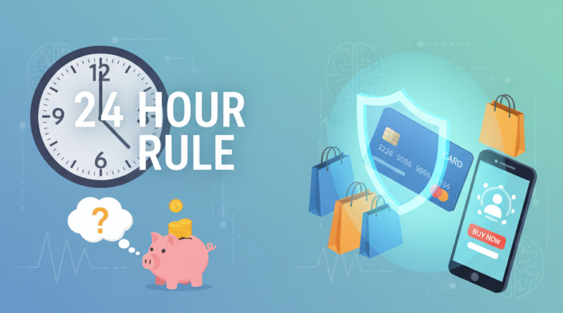 An illustrative thumbnail showing concepts of stopping impulse buying, the 24-hour rule, and money-saving hacks.