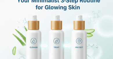 A clean, modern graphic illustrating a minimalist 3-step skincare routine: cleanse, treat, protect, with glowing skin.