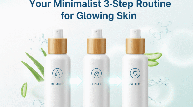 A clean, modern graphic illustrating a minimalist 3-step skincare routine: cleanse, treat, protect, with glowing skin.