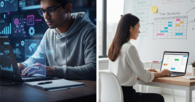 A split image showing a male student engaged in focused deep work on a laptop with holographic data, and a female professional utilizing time management techniques like time blocking on a whiteboard and laptop.