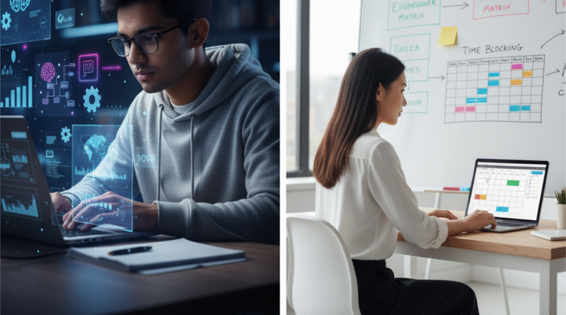 A split image showing a male student engaged in focused deep work on a laptop with holographic data, and a female professional utilizing time management techniques like time blocking on a whiteboard and laptop.