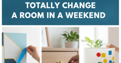 A modern 16:9 thumbnail for a DIY blog, showing a laptop with the blog title "The Weekend Refresh: 3 Easy DIY Projects to Totally Change a Room" and three inset images depicting hands working on a geometric canvas painting, a stylish wooden side table with hairpin legs, and a colorful lampshade with geometric shapes.