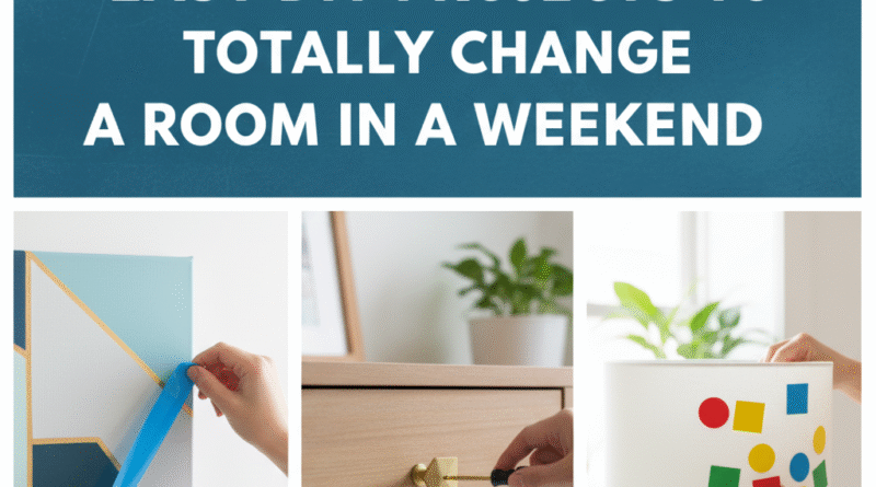 A modern 16:9 thumbnail for a DIY blog, showing a laptop with the blog title "The Weekend Refresh: 3 Easy DIY Projects to Totally Change a Room" and three inset images depicting hands working on a geometric canvas painting, a stylish wooden side table with hairpin legs, and a colorful lampshade with geometric shapes.