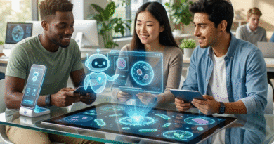 A diverse student in 2026 interacting with a glowing AR biology display showing cells and DNA.