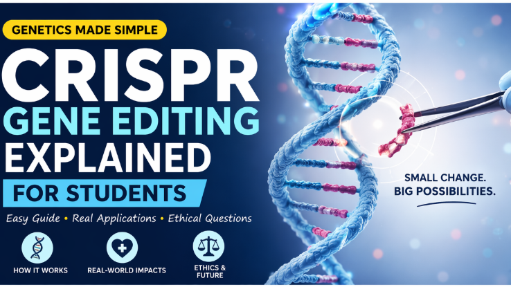 A high-tech laboratory setting showing a DNA double helix being precisely edited with the CRISPR Cas9 molecular scissors.