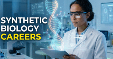 A diverse student in a modern biotech lab interacting with a glowing 3D holographic DNA strand rising from a tablet.